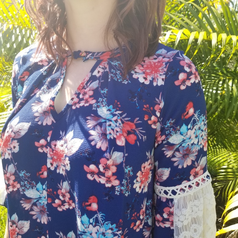 Navy Floral Bell Crochet Sleeve Tunic Dress - Picture 3 of 6